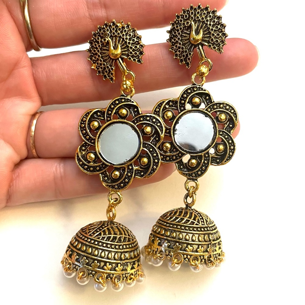 Beaded Peacock Jhumka Style Earrings Pearl Mirror